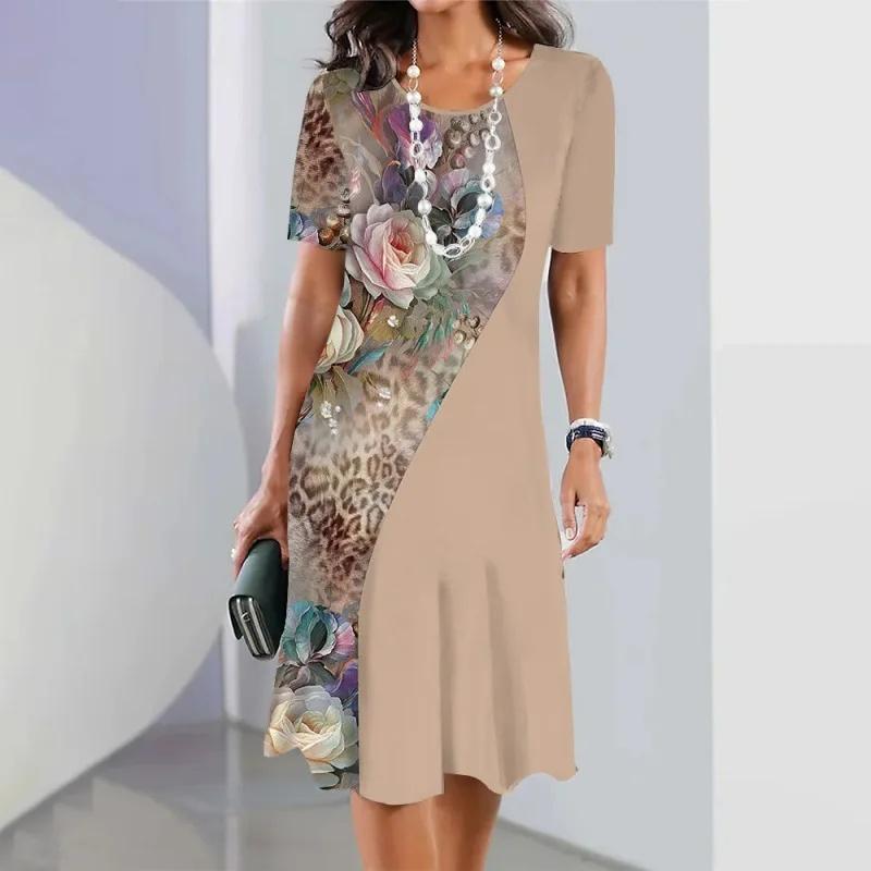 Модное повседневное женское платье с круглым вырезом и 3D цифровой печатью с цветочным рисунком, большого размера, длиной до колена, из полиэфирного волокна, с заниженной талией