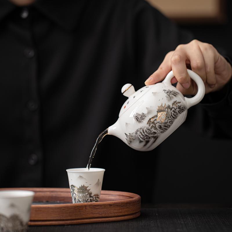 Su's Ceramic Jiangshan Painting Sheep Fat Jade Belt Tray Travel Bag Kung Fu Tea Set