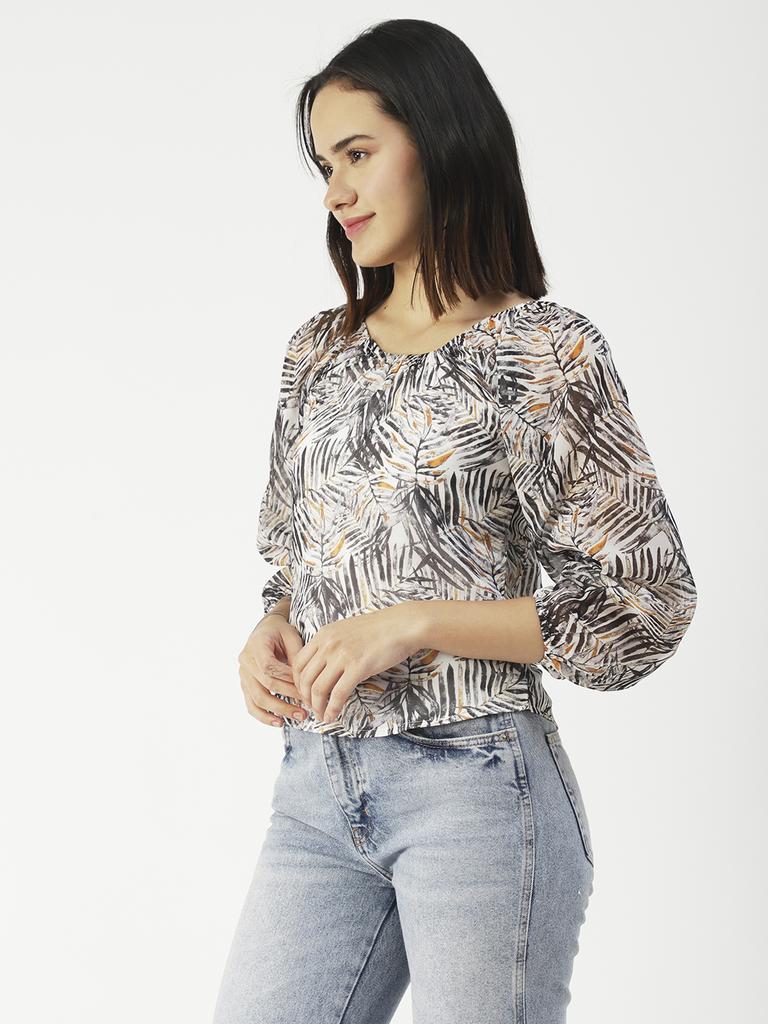 Moomaya Принтованный топ с круглым вырезом, прозрачный топ с длинным рукавом для женщин