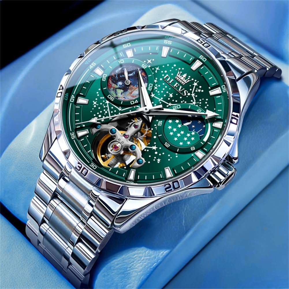 OLEVS Мужские автоматические механические часы Starry Sky Dial Leather Strap Водонепроницаемые часы для мужчин Черные