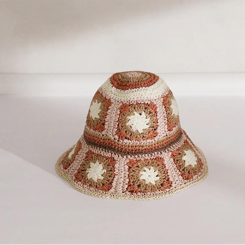 Japan Korea Crochet Beach Straw Hat Women Summer Flowers Grid Pure Hand-woven Hat Sunshade Fisherman Breathable Bucket Gorras