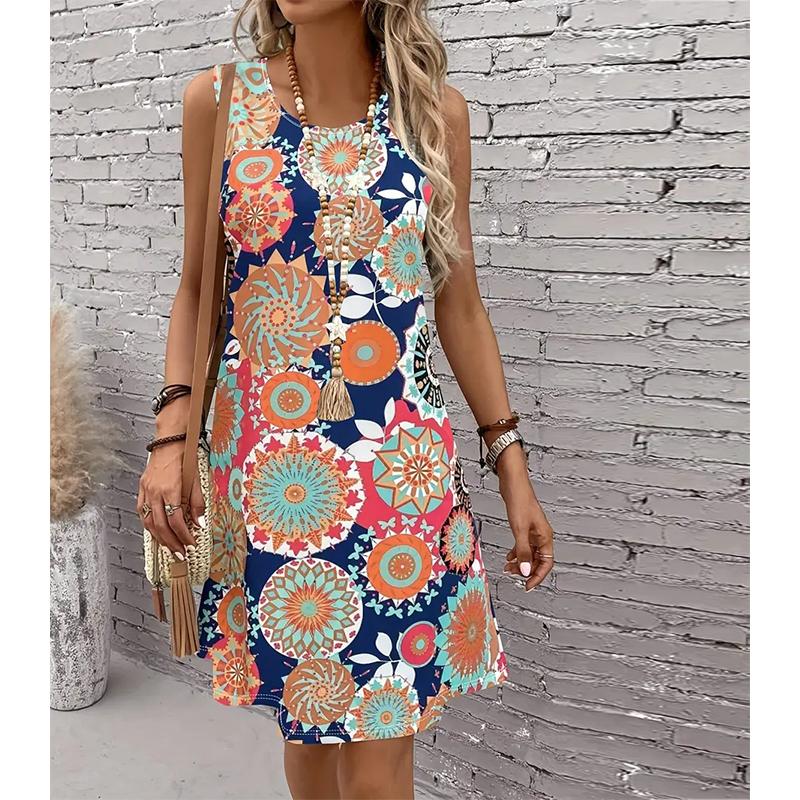 Женское платье без рукавов с принтом «Волшебные цветы» с круглым вырезом, свободное, мягкое и удобное платье больших размеров