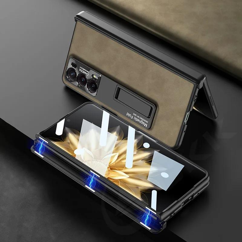 Frosted Leather Case For Honor Magic V2 Magnetic Hinge Case 360 Degree Protective Bracket Hard Cover For Honor Magic V2
