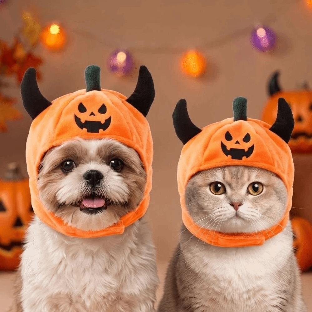 Fashionable Pumpkin Pets Hat Plush Ox Horn Cat Cap Creative Halloween Dog Hat Pet Accessories