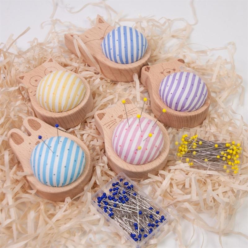 Wood Pin Cushion with 100Pcs Sewing Pin for Dressmaking Needlework Sewing 38mm Quilting Positioning Pin with Pin Holder