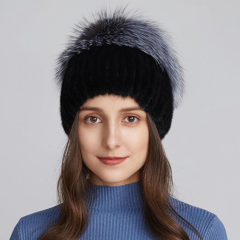 Natural Mink Fur Hats for Women Winter Hand Woven Fur Tail Fox Fur Knit Caps Fashion Design Warm Female Ski Beanie