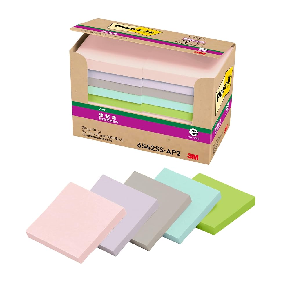 3M Post-it Notes, Super Sticky, Large, Recycled Paper, Pastel Colors, 75 x 75 mm, 90 sheets x 20