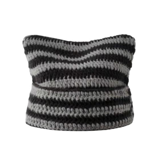 Зимняя женская шапка-кошечка с контрастными полосками и звездами, меховой шарик, декор в виде демона, ветрозащитная эластичная противоскользящая теплая шапка