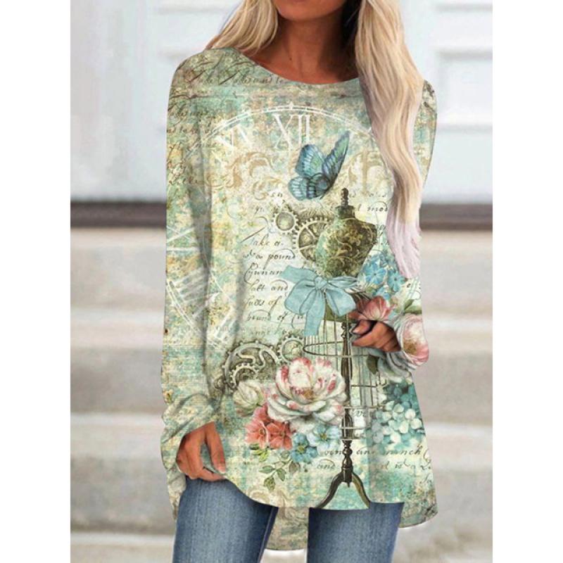 Женская футболка с длинным рукавом, уличная трендовая одежда, топ с круглым вырезом и принтом, свободная модная одежда 2024, женская футболка высокого качества