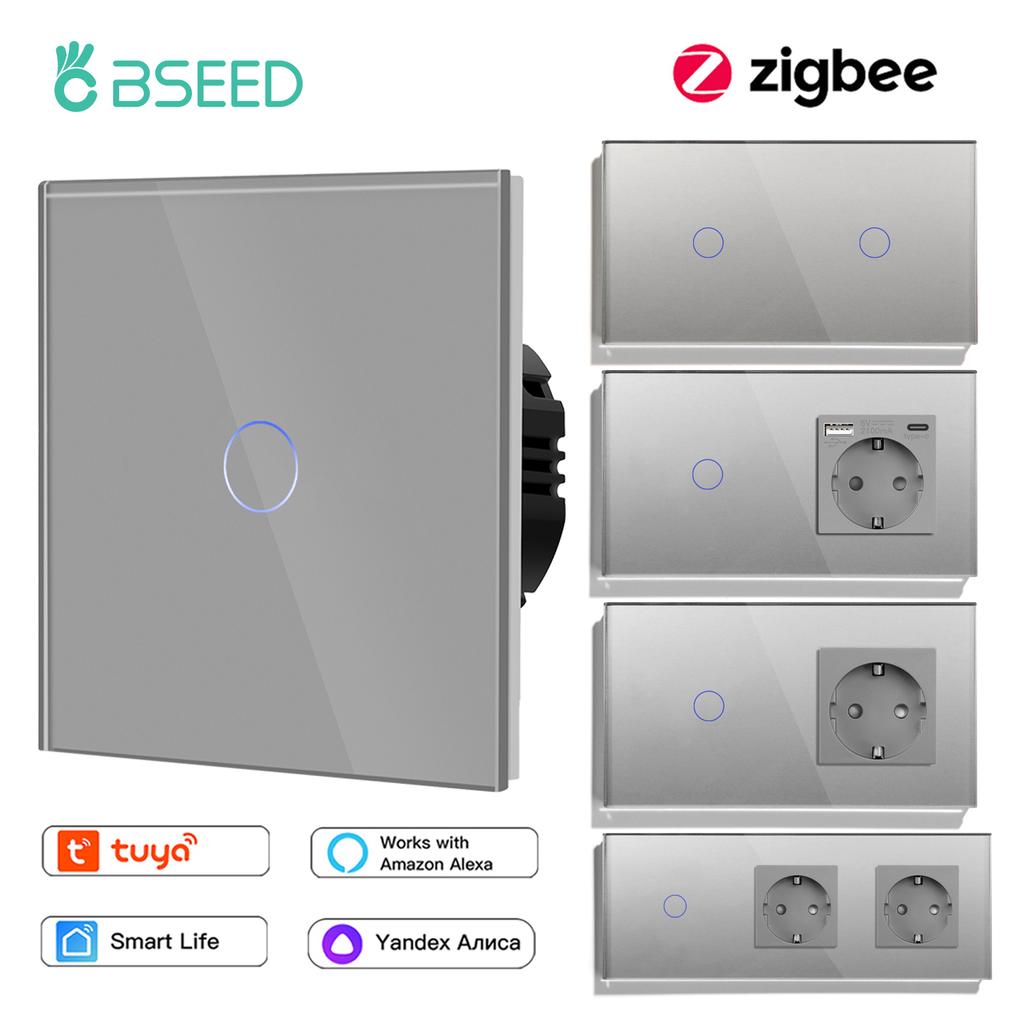 BSEED Zigbee 1/2/3-клавишный сенсорный выключатель света 1/2/3-ходовые сенсорные переключатели с USB-розетками Type-c европейского типа Управление через Tuya Smart Life Alexa