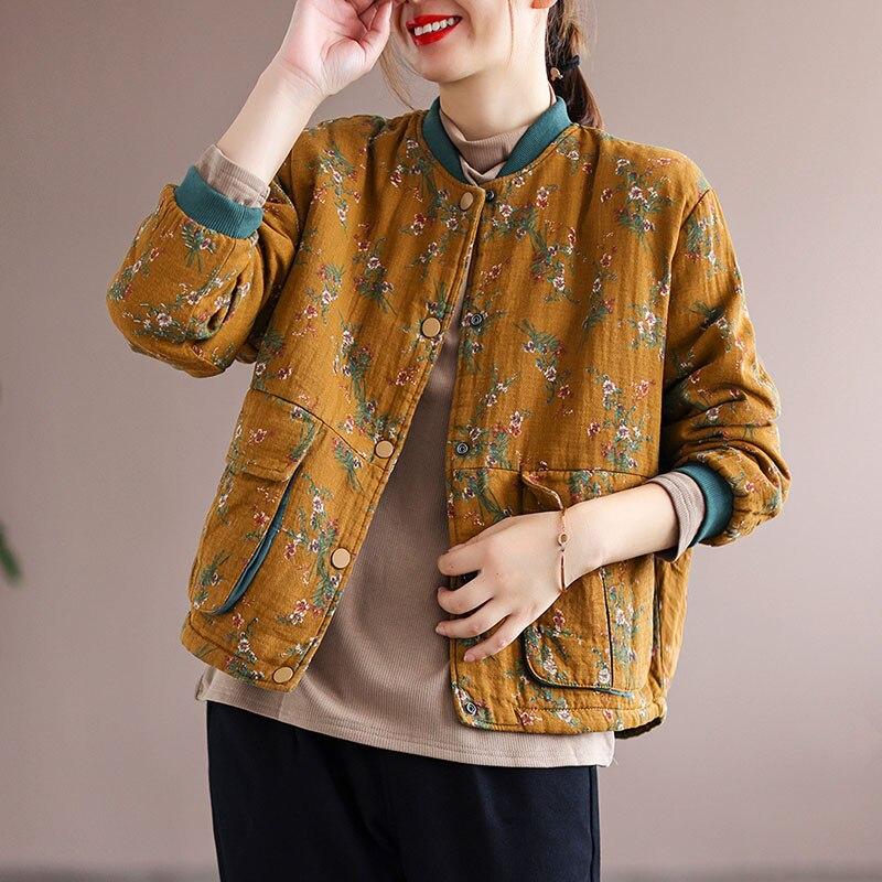 Johnature Women Vintage Stand Loose Print Floral Jacket Long Sleeve Padded Coats Winter Chinese Style Coat