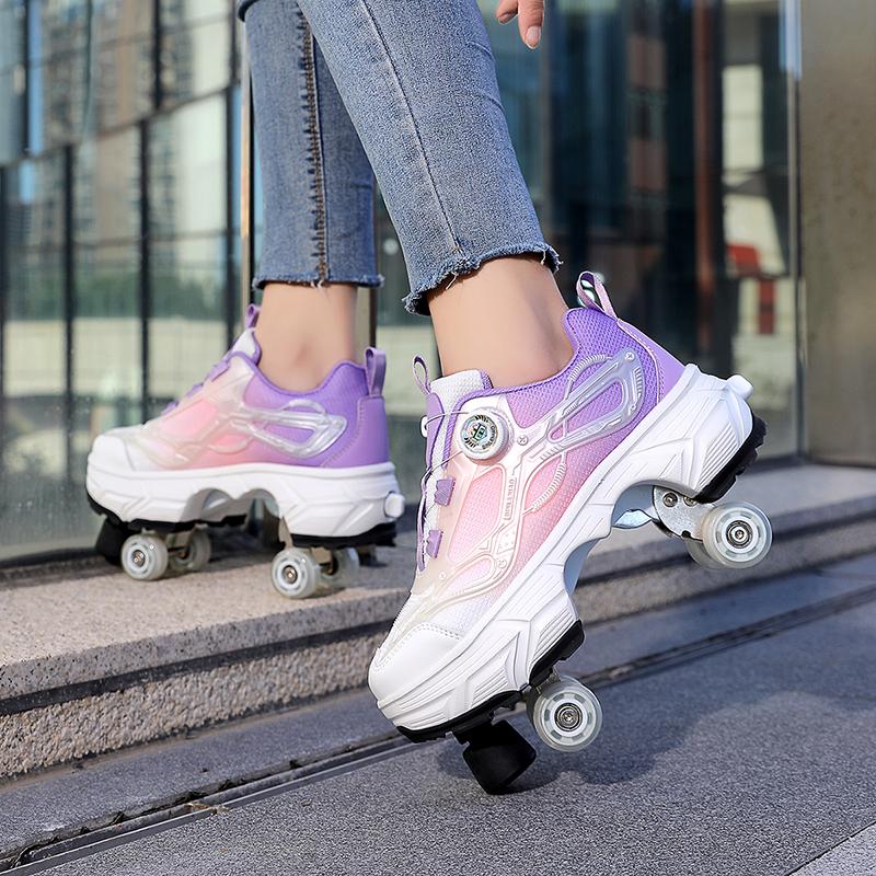 35-44 Boys/ Mens Skate Shoes Walking Shoes Four-wheeled Roller Skates for Women One-button Retractable Adult Double-row Deformation Shoes