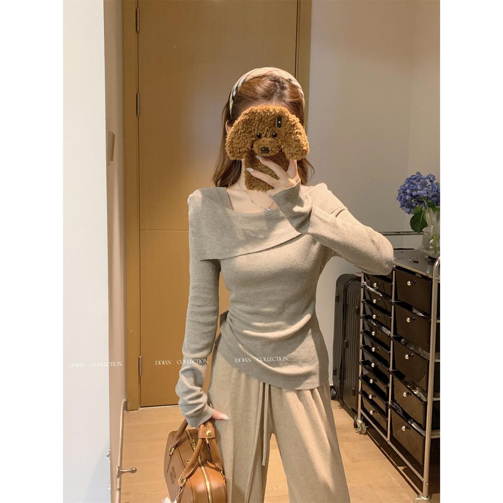 Chic One-word Shoulder Knitted Bottoming Shirt Women's Spring Slim-fit Spice Girls Irregular Inner Top Temperament Sweater