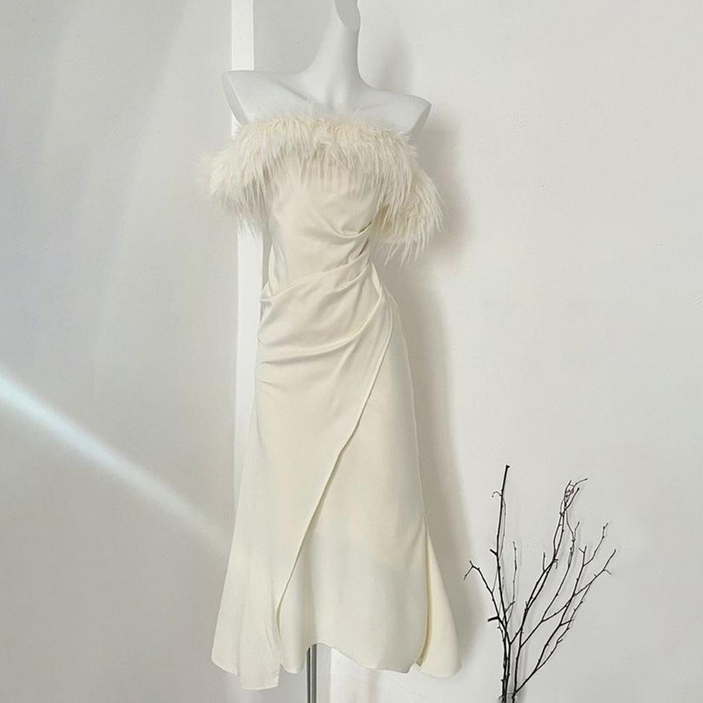 Women's One Shoulder Dress Faux Feather Two-tone Satin Maxi Dress