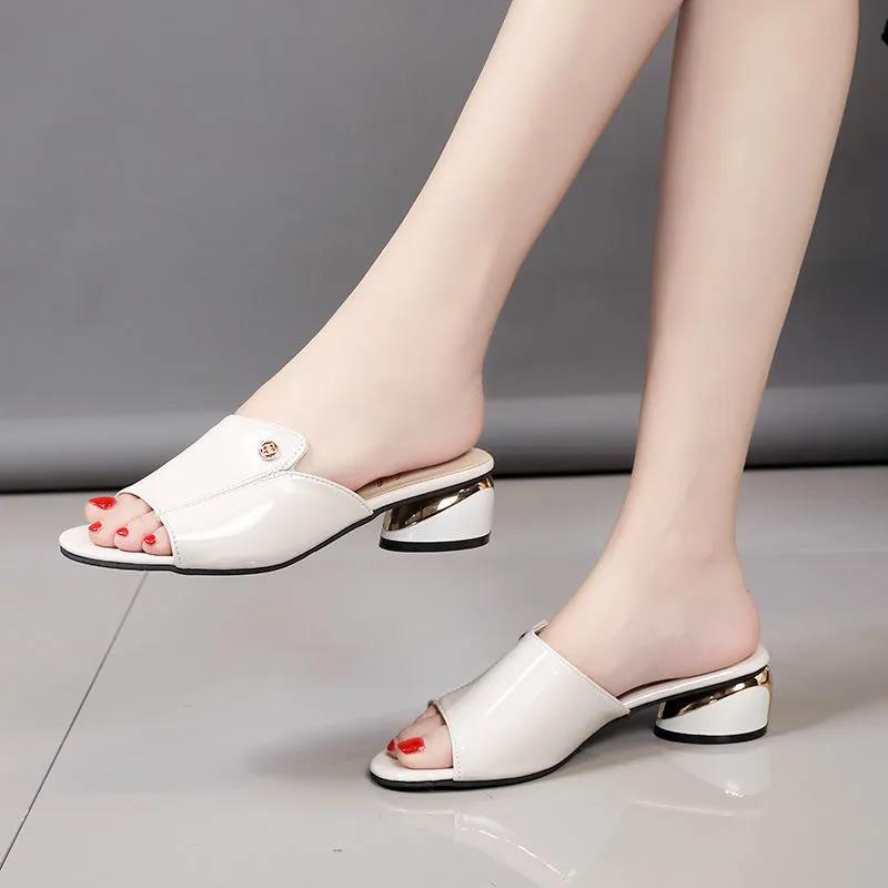 Sandals Women's Medium-heeled Thick-heeled Summer Soft Leather Sandals and Slippers Outside Wear Fish Mouth Large Size Women's Shoes