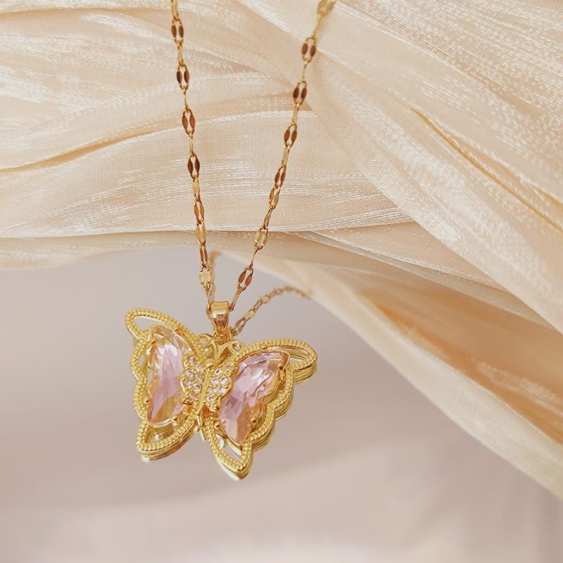 Fantastic Crystal Gold-Color Butterfly Necklace for Women Rhinestone Symmetrical Pendant Accessories Party Jewelry Gifts