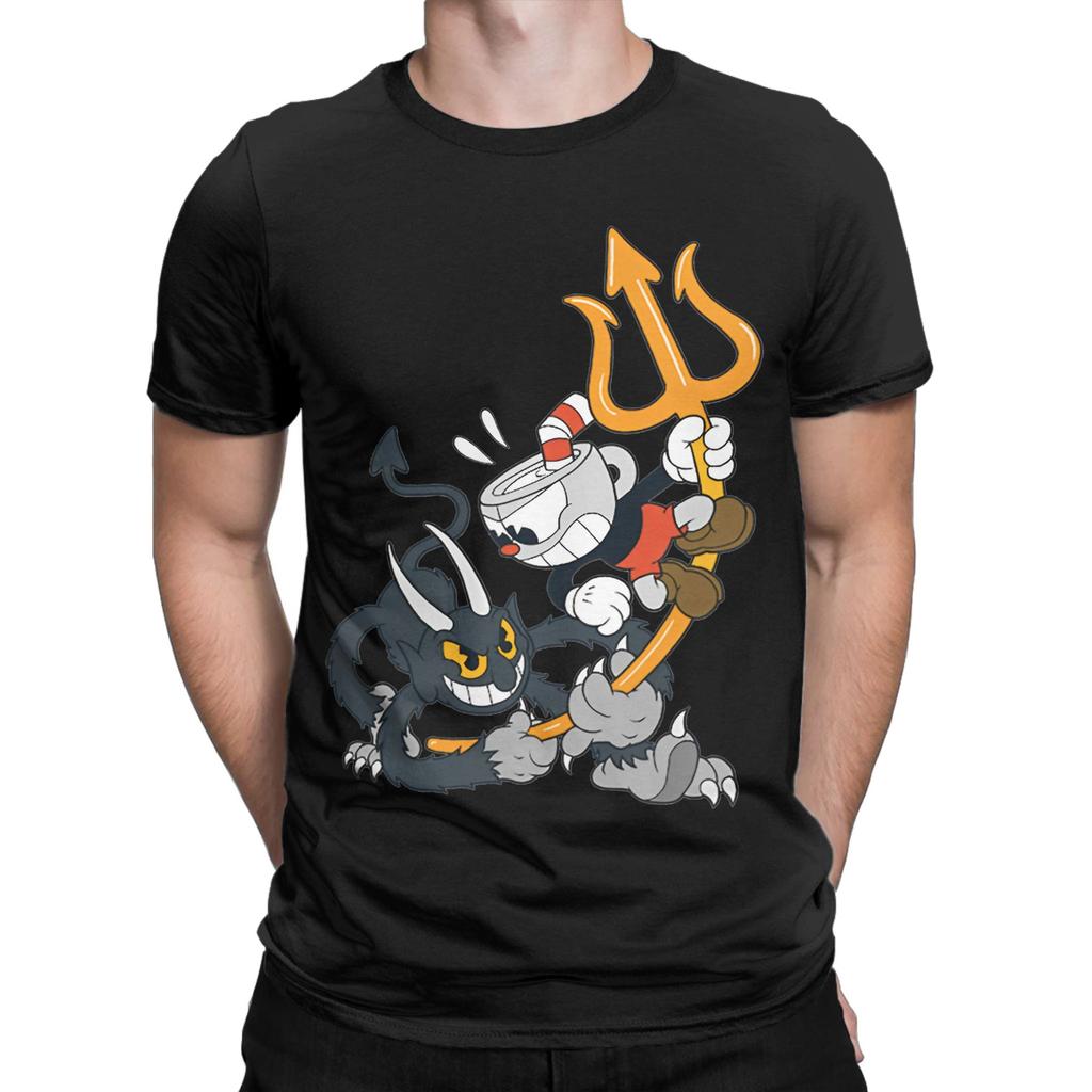 Cartoon Cuphead and Mugman Game T-Shirts for Men Humor Cotton Tees O Neck Short Sleeve T Shirt Printed Tops