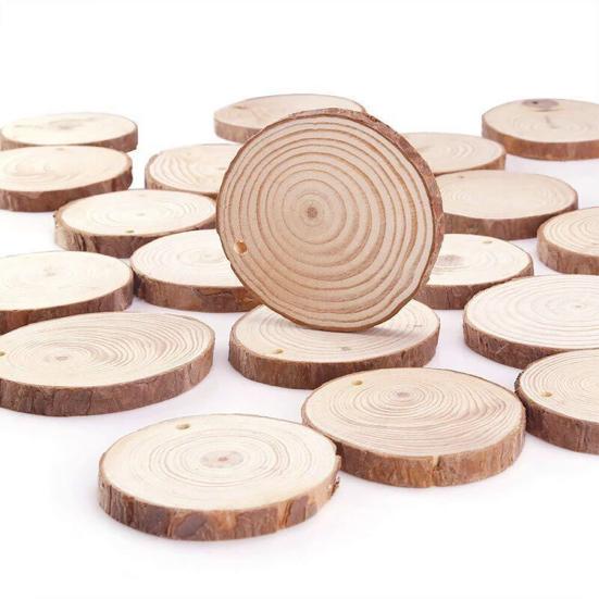 Natural Wood Tree Discs 9-10cm Pre-Drilled Wooden Discs 1cm Thick Smooth Wood Slices for DIY Crafts Wedding Wall Decorations