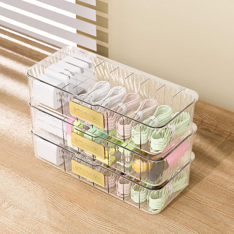 7-Compartment Transparent Storage Box with Lid for Cord and Sundries Organization