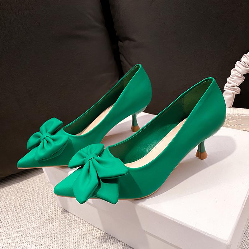Fashion Thick-heeled Single-shoe Women in 2025, Comfortable, Shallow Mouth, Versatile, Low-heeled, Bow, Pointed Toe, Fashionable