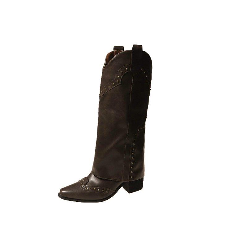 Women Autumn Winter Black Leather Rivets Elegant Slim Knee High Boots Fashion 6.5cm High Heel Pointed Toe Female Long Boots