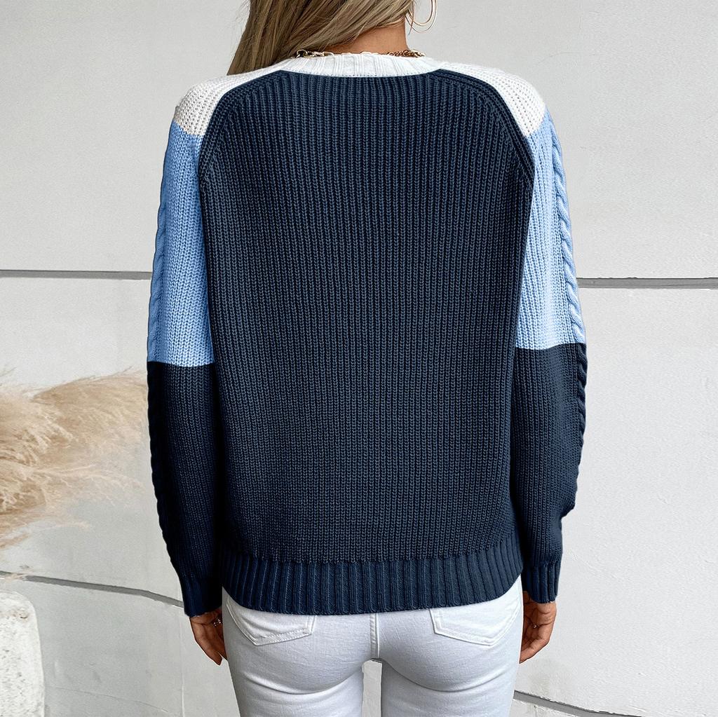 Women's Fashion Casual Round Neck Long Sleeve Comfortable Contrast Color Cable Knit Women's Pullover Loose Sweater