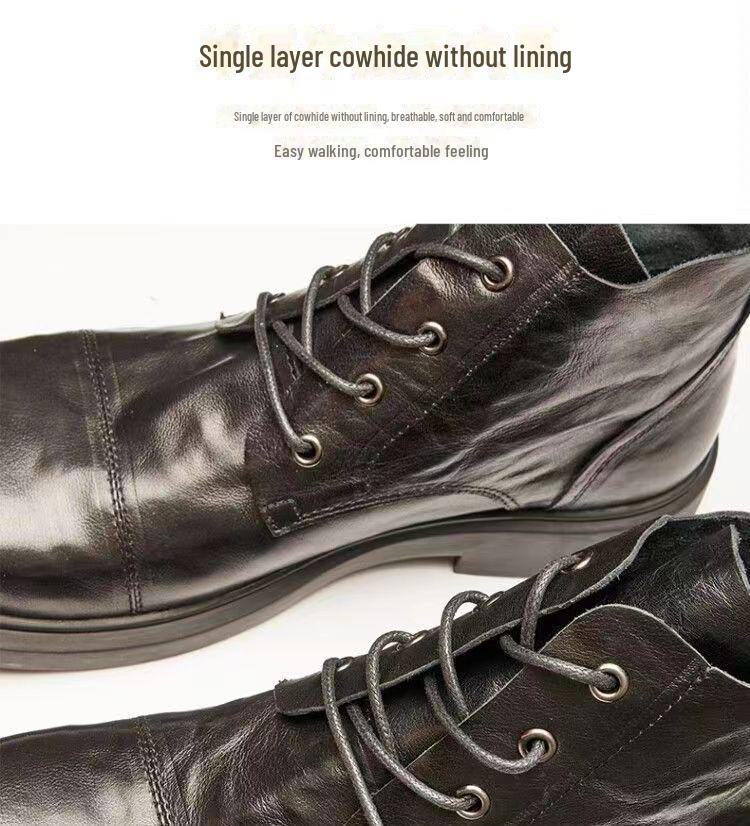 Men's Spring Leather Round-Toe Boots, Comfortable Wear-Resistant High-Top Shoes, Versatile British-Style Large-Size Mid-Top Martin Boots.