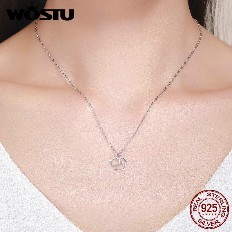 WOSTU Hot Fashion 100% 925 Sterling Silver Lovely Cat Exquisite Women Pendant Necklace
