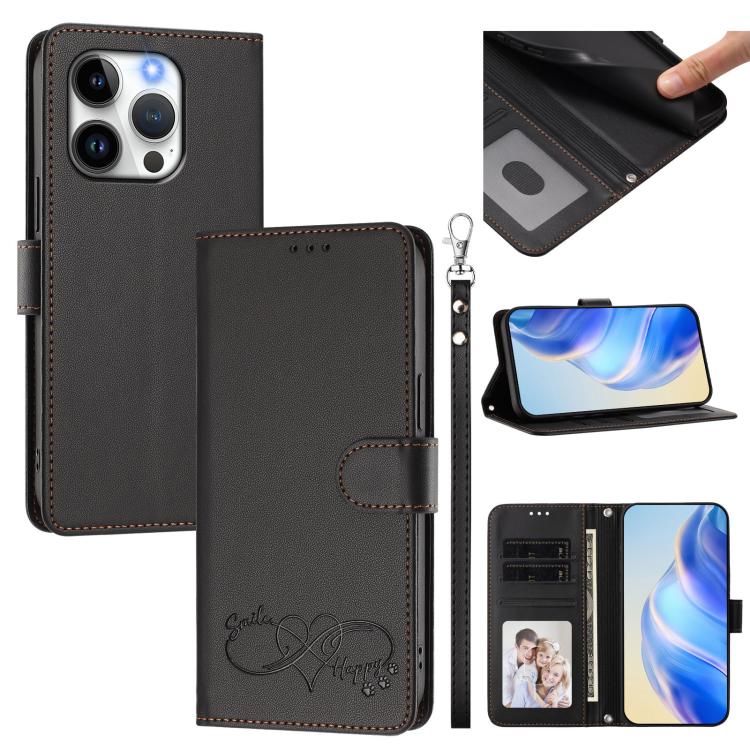 Happy Heart Pattern Magnetic Closure Vegan Leather Phone Case With Wrist Strap For iPhone Shockproof Protective Cover