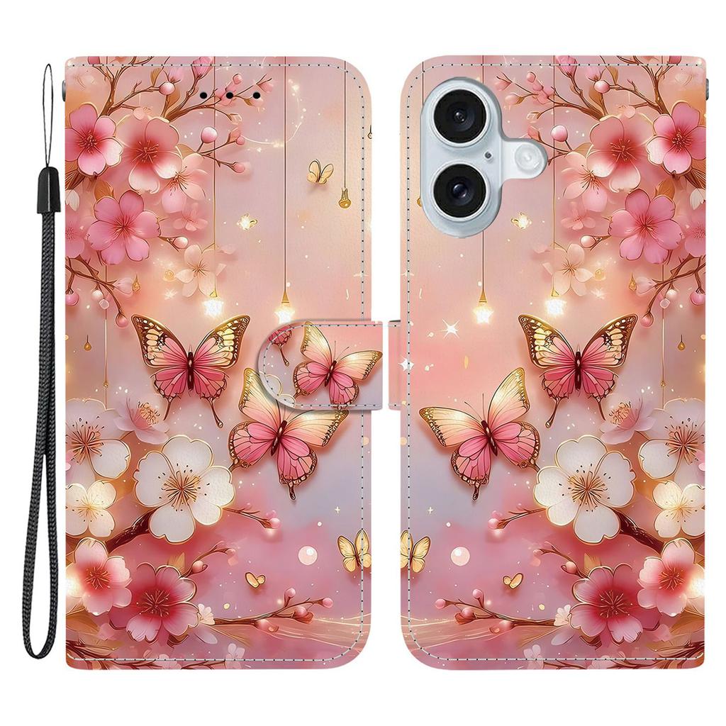 For iPhone 16 Leather Case Stand Wallet Pattern Printing Phone Cover with Wrist Strap