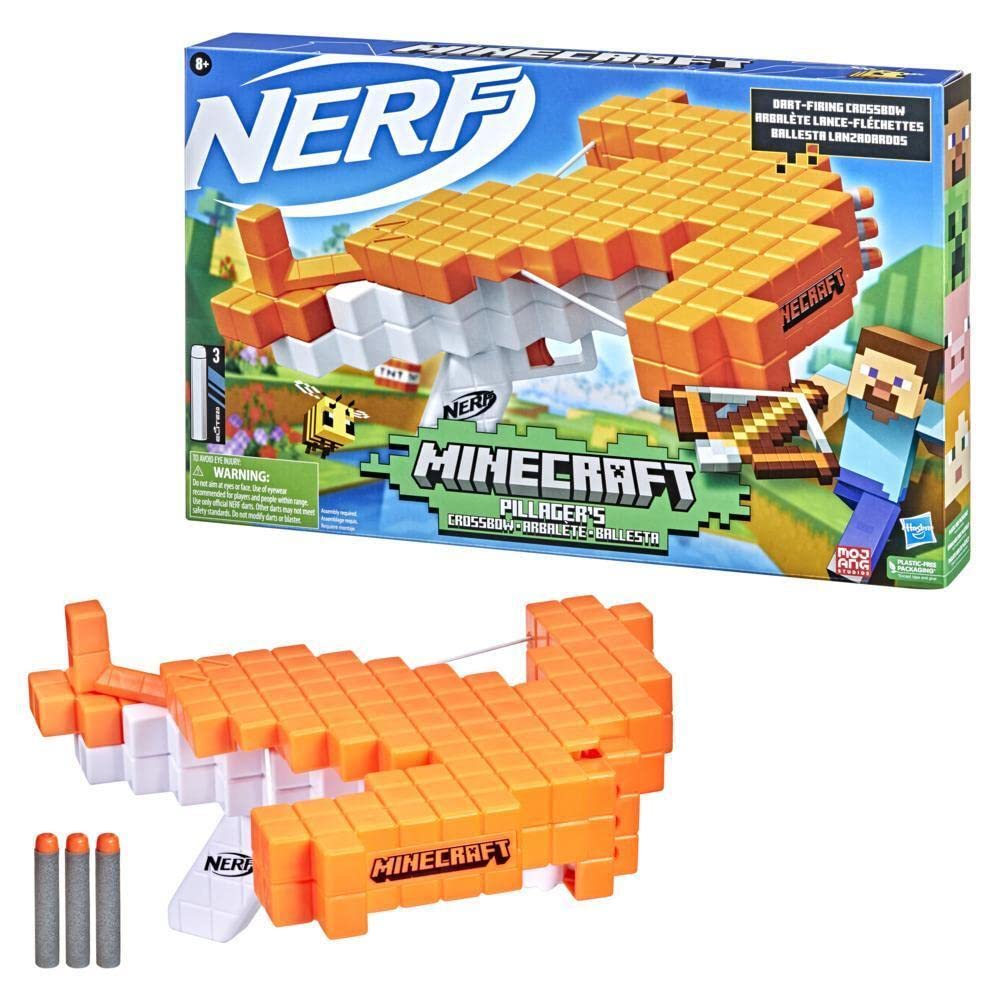 Hasbro Nerf Minecraft Minecraft Pillager Арбалет Nerf Elite с 3 реалистичными рукоятками для арбалета с оттяжкой F4415, оригинальный арбалет,