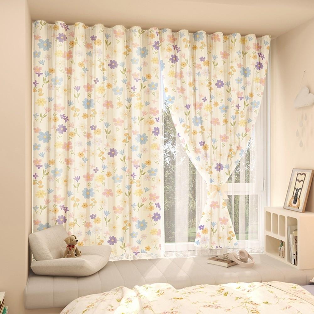 1 Pc No Drill Double Layer Curtain Cartoon Pattern with Rope Blackout Curtains Self-adhesive Bedroom Curtains Rental Housing