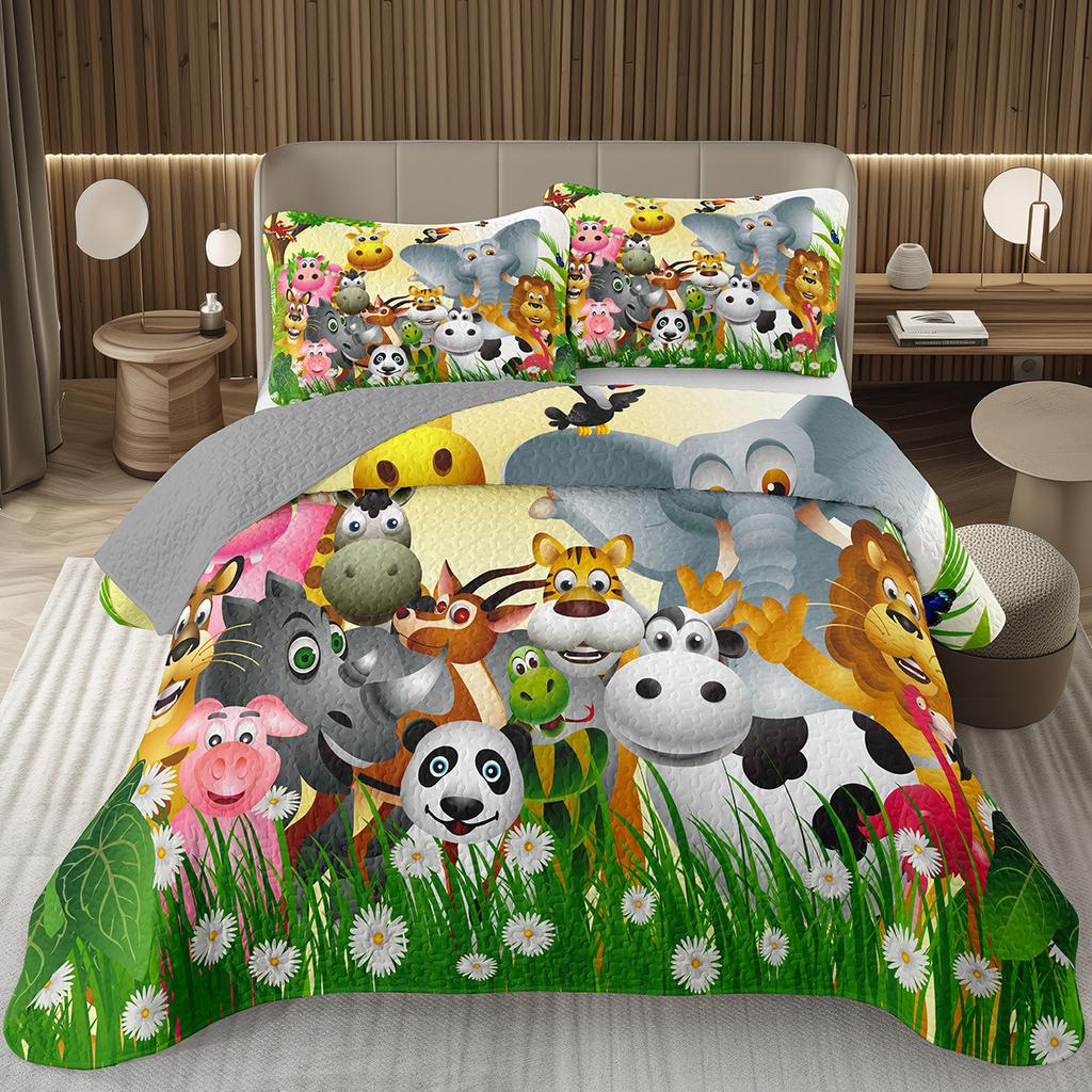 Funny Cartoon Animal Bedspread Queen/Full Kawaii Elephant Panda Coverlet Reversible Grey Quilted Bedding Set For Kids Teen Room