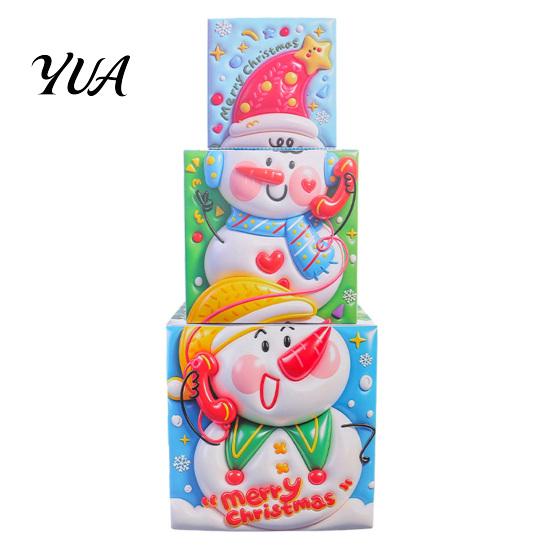 Snowman Elk Holiday Decor 3Pcs Christmas Stackable Gift Box, Layered Cube Plastic Boxes with Santa Decorative Reindeer, Tabletop Display for