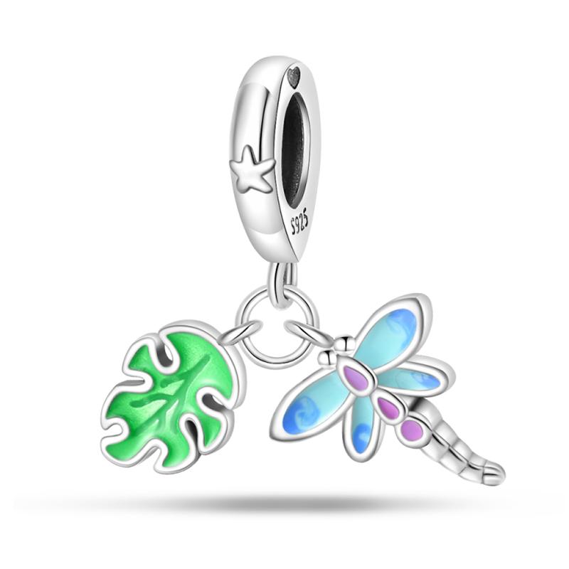 100% 925 Silver Exquisite Colored Dragonfly Charms Pendants Sparkling Zircon Fit Qikaola Bracelets DIY Jewelry