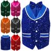 Unisex Kids Metallic Sequins Dance Vest Sparkling Buttons Irregular Hem Waistcoat Bowtie Party Costume