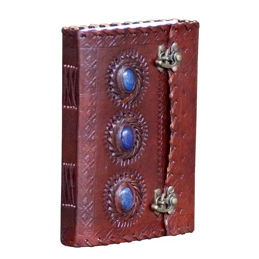 Винтажный кожаный журнал с тремя камнями лазурита, дневник в твердом переплете, скетчбук с замком
