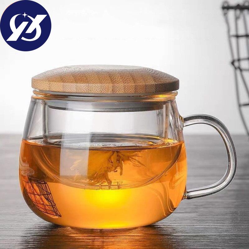 Креативная стеклянная чашка для заварки чая с прозрачной ручкой-фильтром, бамбуковая крышка, термостойкая цветочная чайная чашка, офисная чайная кружка, посуда для напитков
