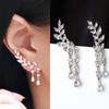 Korean Sweet Sparkling Crystal Leaf Tassel Teardrop Earrings