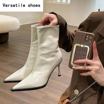 Женские ботильоны, сексуальные, с острым носком, короткие ботильоны, модные туфли для вечеринок, туфли на тонком высоком каблуке, зимняя женская короткая плюшевая обувь