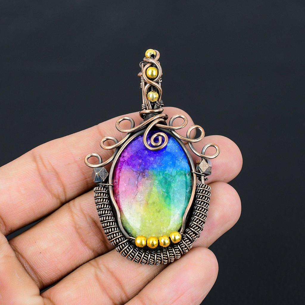 Rainbow Solar Quartz Gemstone Pure Copper Wire Wrapped Handmade Pendant Jewelry For Gift