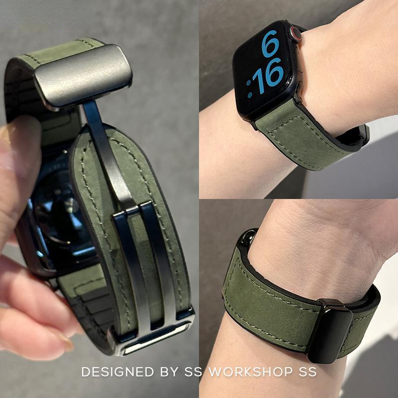 Кожаный ремешок для Apple Watch Ultra Band 49 мм, 45 мм, 41 мм, 40 мм, 44 мм, 42 мм, складной магнитный браслет iWatch series 9, 8 SE, 7, 6, 5, 4, 3, 2, 38 мм, силиконовый браслет