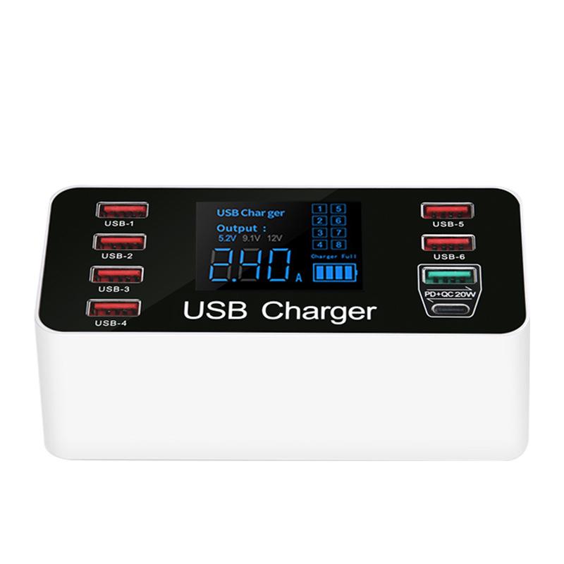 8-портовое USB-зарядное устройство QC3.0 Быстрая зарядка с умным дисплеем и PD20W для телефонов и планшетов