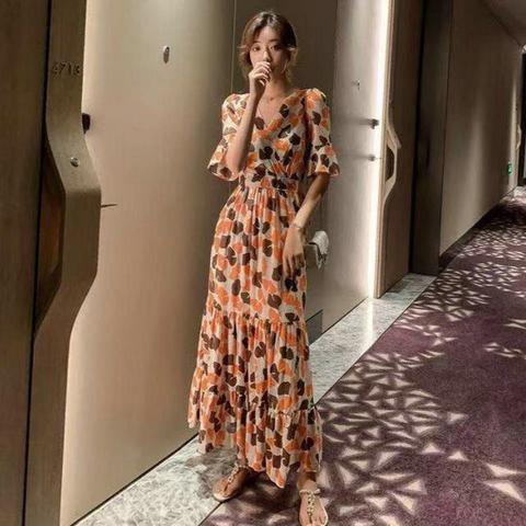 Women's V Neck Five Flutter Sleeve Vintage Abstract Color Block Print Chiffon Maxi Dress High Waist A Line Elegant Summer Long Dress
