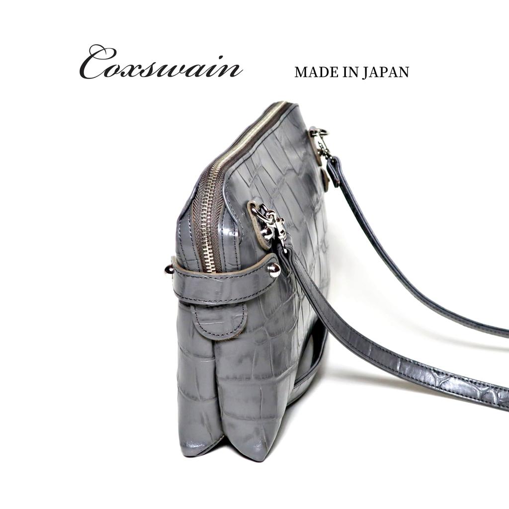 Мужской кожаный клатч COXSWAIN с тиснением под крокодила, серый, с ремешком, CW1605CS GRAY, Сделано в Японии