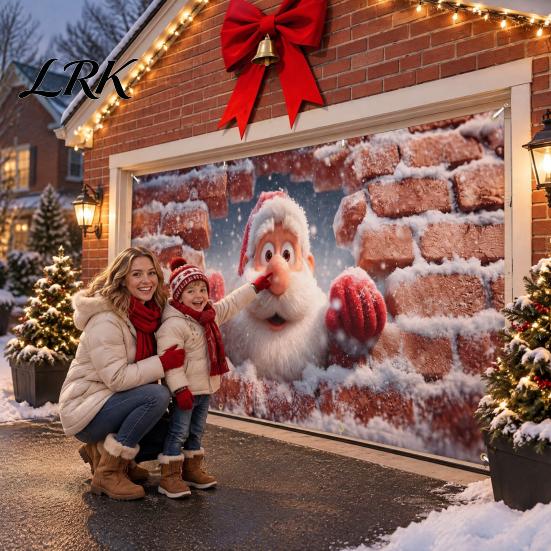 Large Format Door Display Christmas Garage Cover, Winter Holiday Hanging Banner Backdrop, Tree Backdrop Santa Claus Snowman Truck Photography