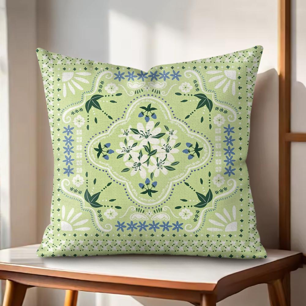 Green retro flowers Cushion Cover Natural Linen Organic Fabric DoubleSided Printing Couch Pillow Covers Home Decor