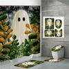 New 4Pcs Halloween Shower Curtain Set with 12 Hooks & Toilet Mat, Spooky Bat Ghost Print Waterproof Bathroom Decor for Housewarming
