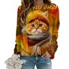 Tops For Women 3D Vision Funny Cat Print Round Neck Long Sleeve T-shirt Fall Casual Slim Pullover Women's Long Sleeve Top