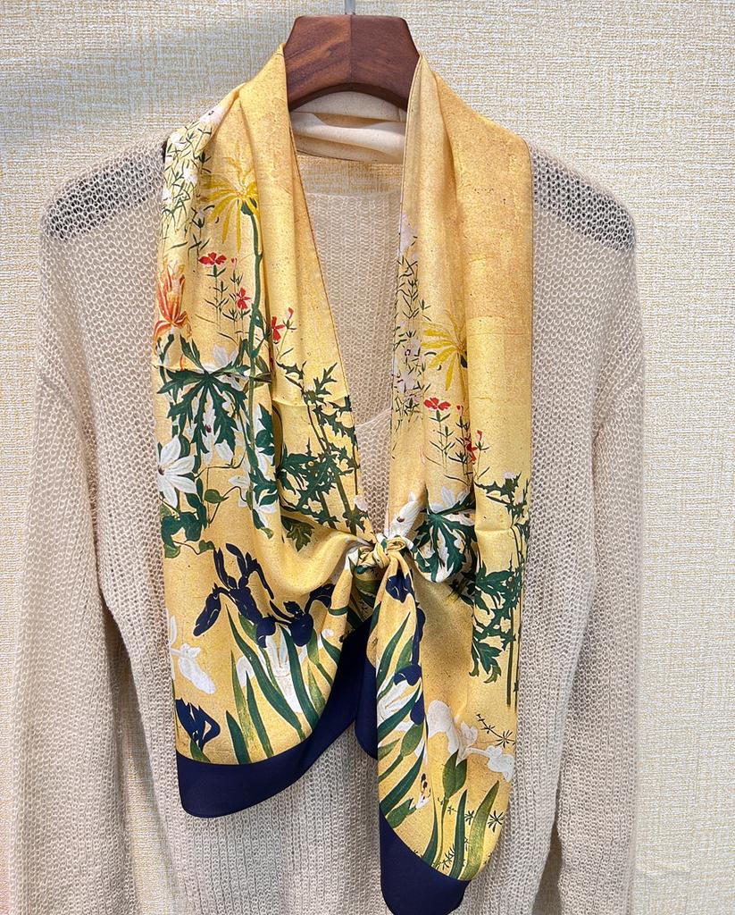 Mulberry Silk Silk Scarf Spring, Summer And Autumn With Shirt Versatile Emma Yellow Double Wrinkle Long Streamer Women